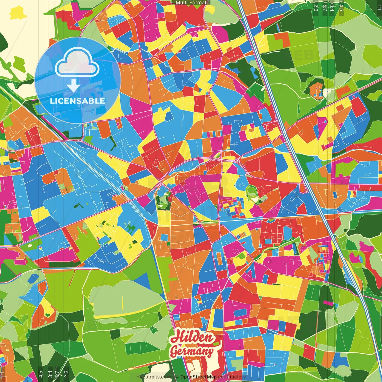 Hilden, North Rhine-Westphalia, Germany Crazy Colorful Street Map Poster Template