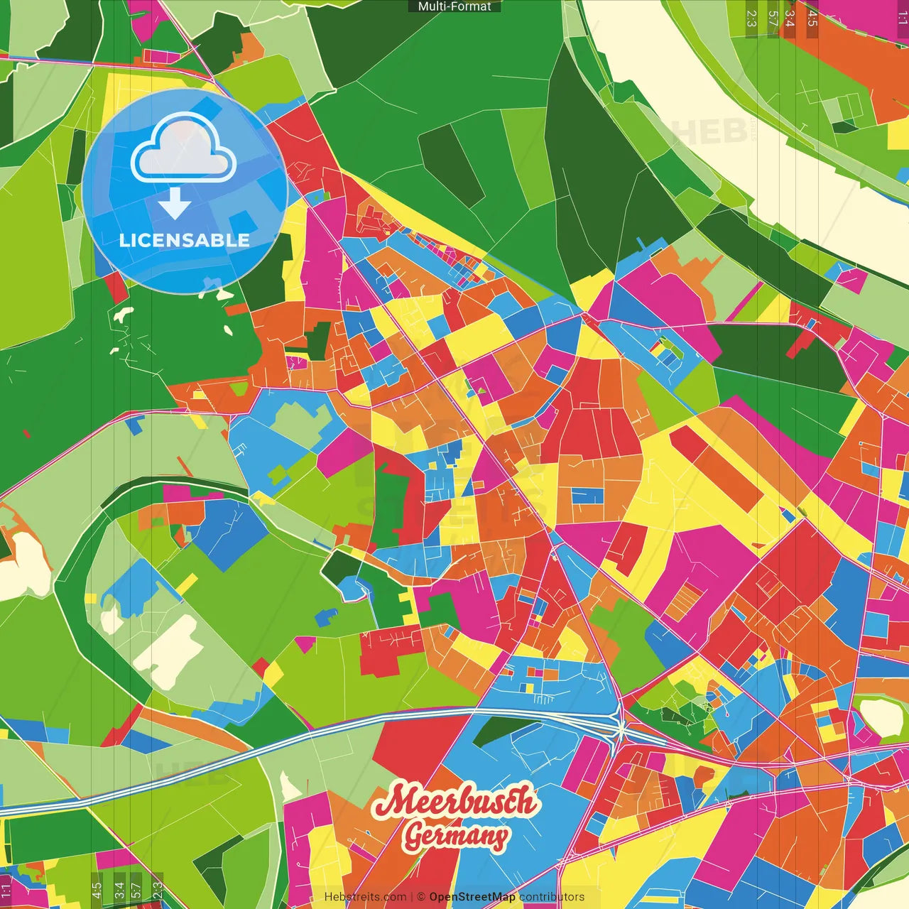 Meerbusch, North Rhine-Westphalia, Germany Crazy Colorful Street Map Poster Template