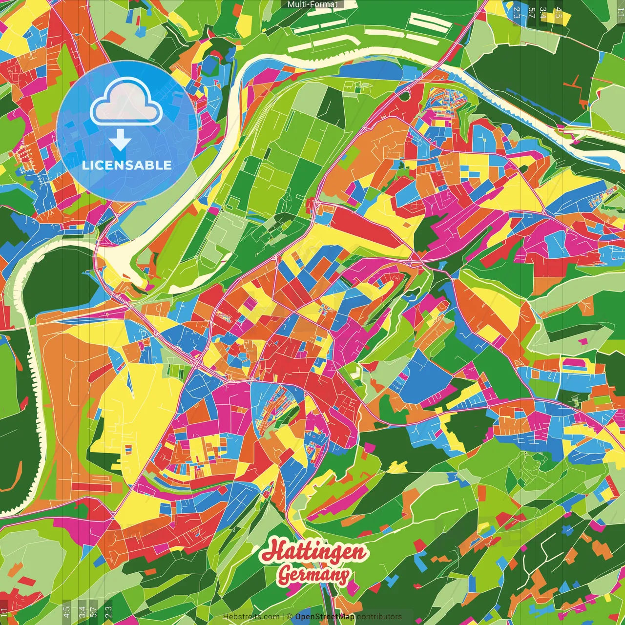 Hattingen, North Rhine-Westphalia, Germany Crazy Colorful Street Map Poster Template