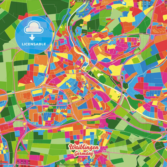 Waiblingen, Baden-Wuerttemberg, Germany Crazy Colorful Street Map Poster Template