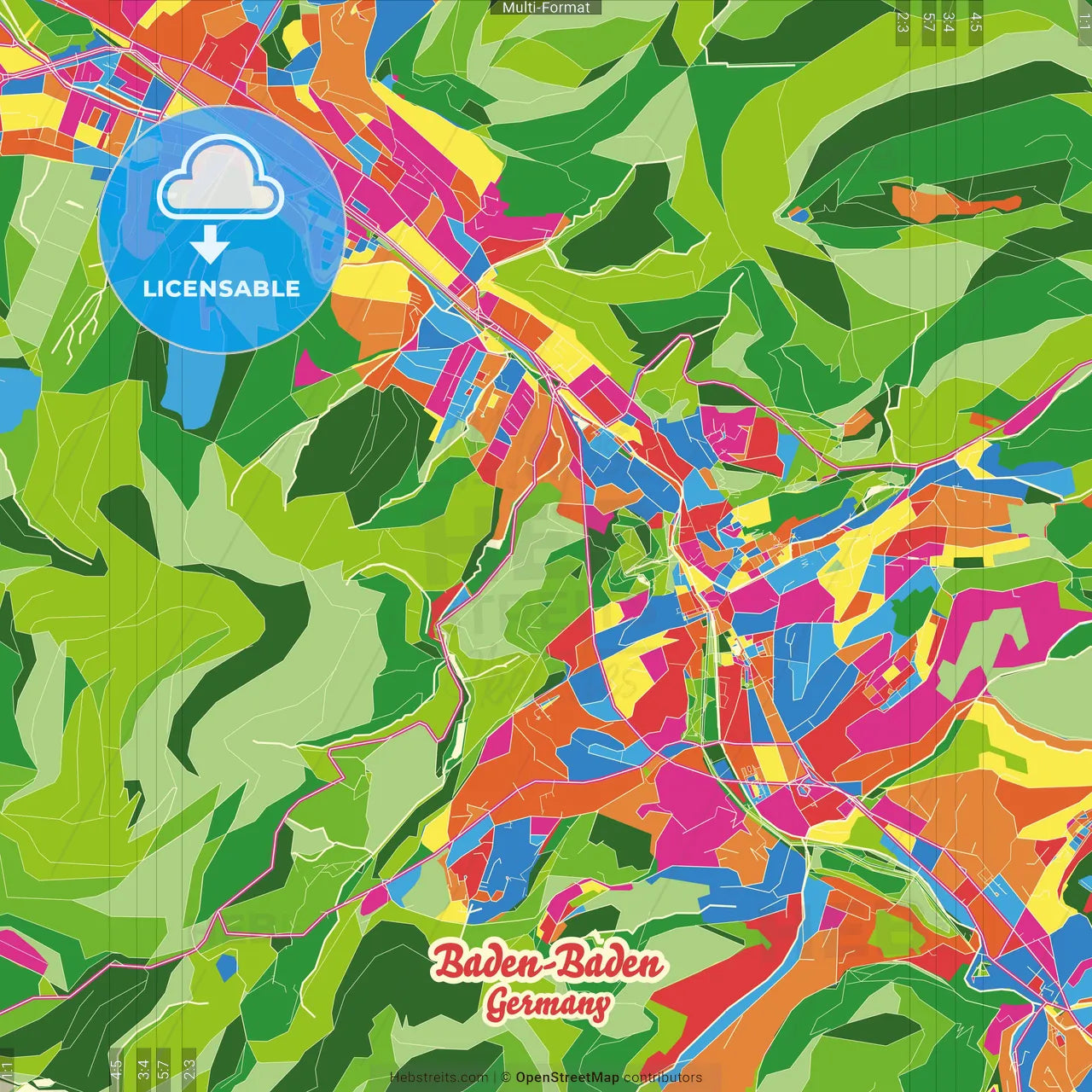 Baden-Baden, Baden-Wuerttemberg, Germany Crazy Colorful Street Map Poster Template