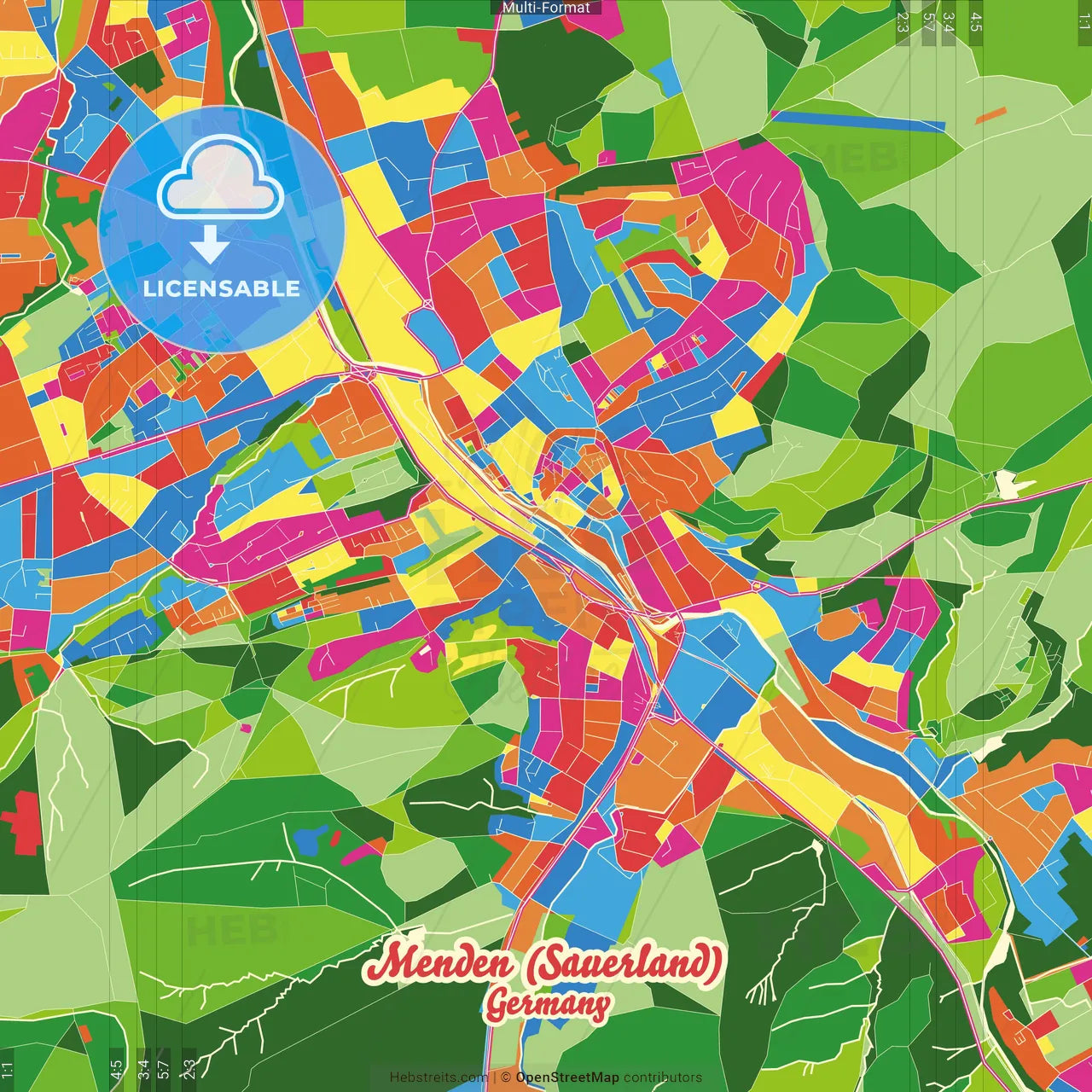 Menden (Sauerland), North Rhine-Westphalia, Germany Crazy Colorful Street Map Poster Template