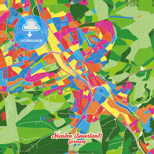 Menden (Sauerland), North Rhine-Westphalia, Germany Crazy Colorful Street Map Poster Template