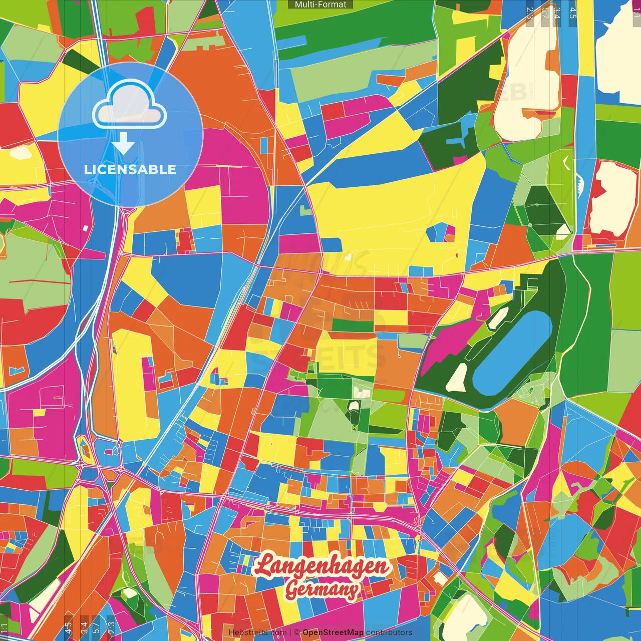 Langenhagen, Lower Saxony, Germany Crazy Colorful Street Map Poster Template