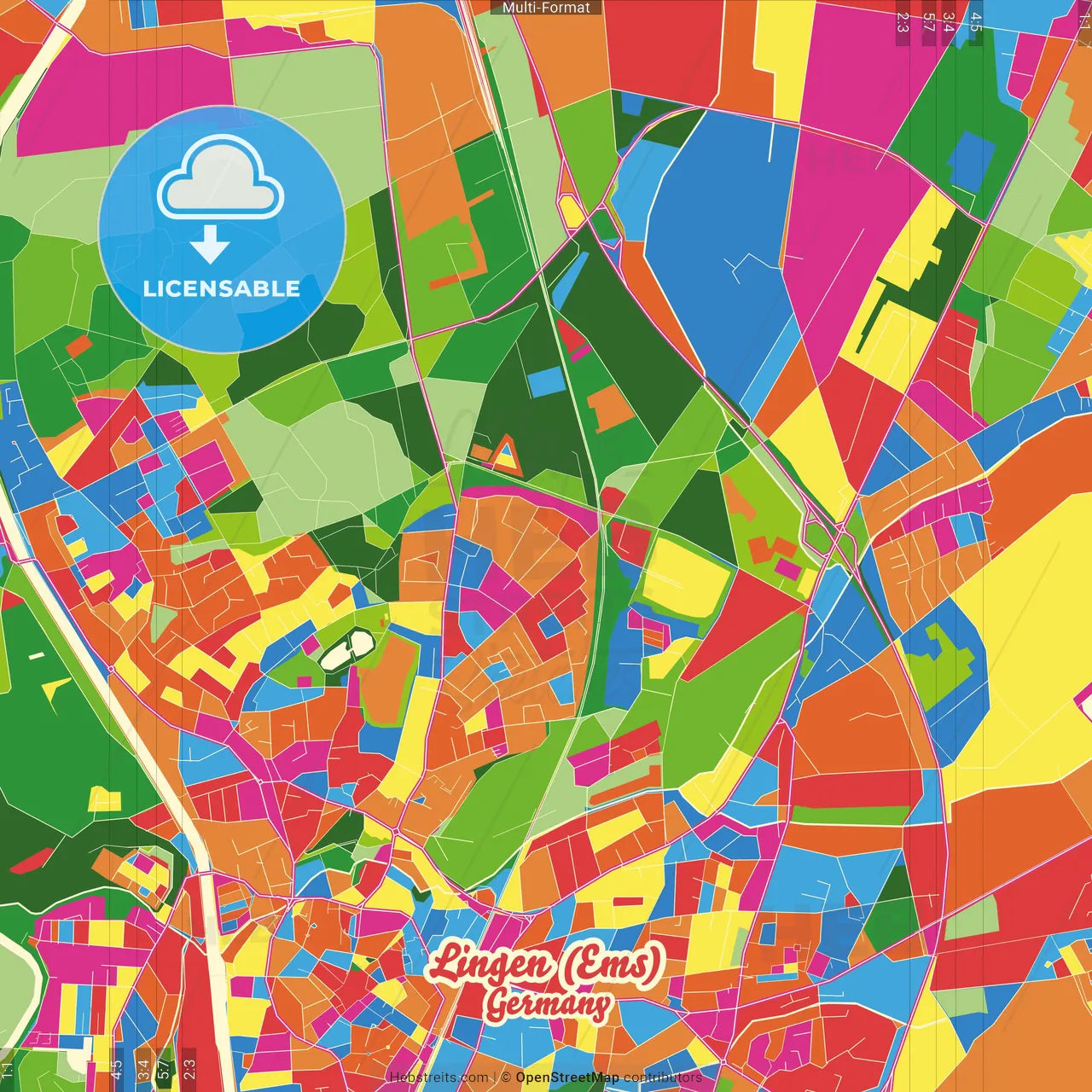 Lingen (Ems), Lower Saxony, Germany Crazy Colorful Street Map Poster Template