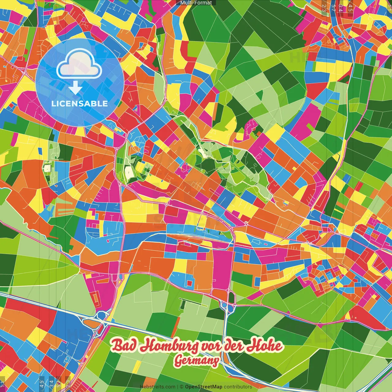 Bad Homburg vor der Hohe, Hesse, Germany Crazy Colorful Street Map Poster Template