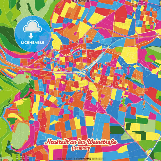 Neustadt an der Weinstraße, Rheinland-Pfalz, Germany Crazy Colorful Street Map Poster Template