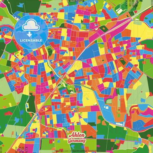 Ahlen, North Rhine-Westphalia, Germany Crazy Colorful Street Map Poster Template