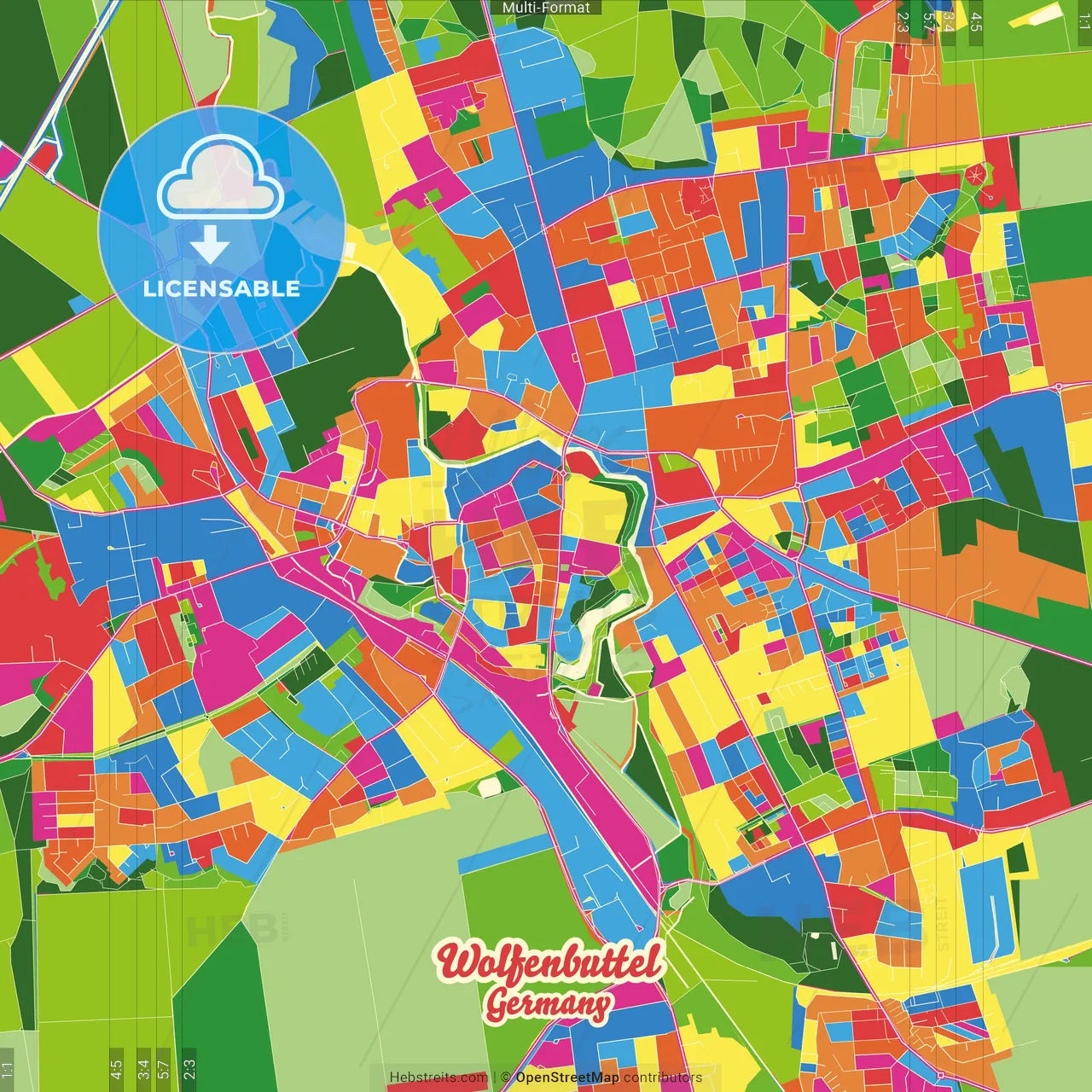 Wolfenbuttel, Lower Saxony, Germany Crazy Colorful Street Map Poster Template
