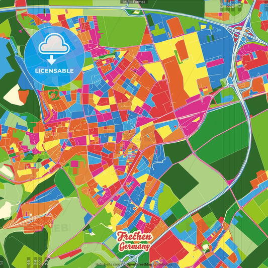 Frechen, North Rhine-Westphalia, Germany Crazy Colorful Street Map Poster Template