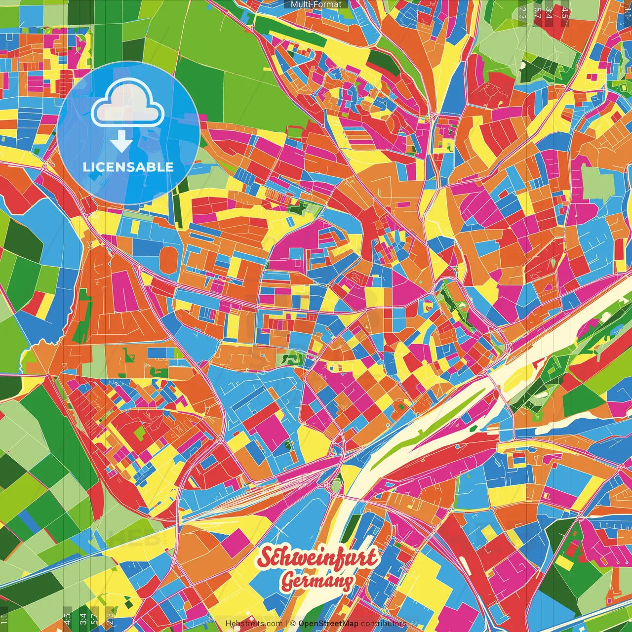 Schweinfurt, Bavaria, Germany Crazy Colorful Street Map Poster Template