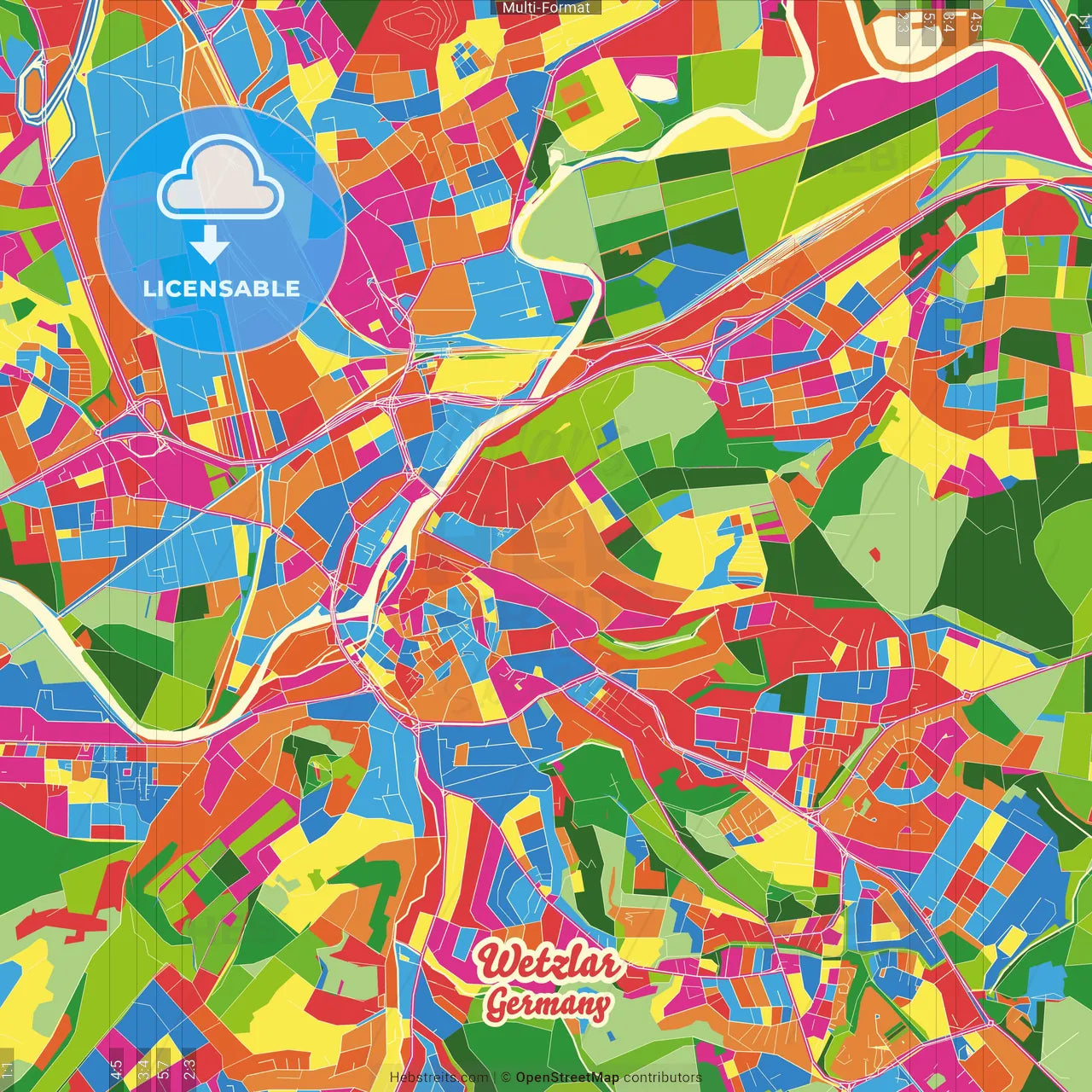 Wetzlar, Hesse, Germany Crazy Colorful Street Map Poster Template