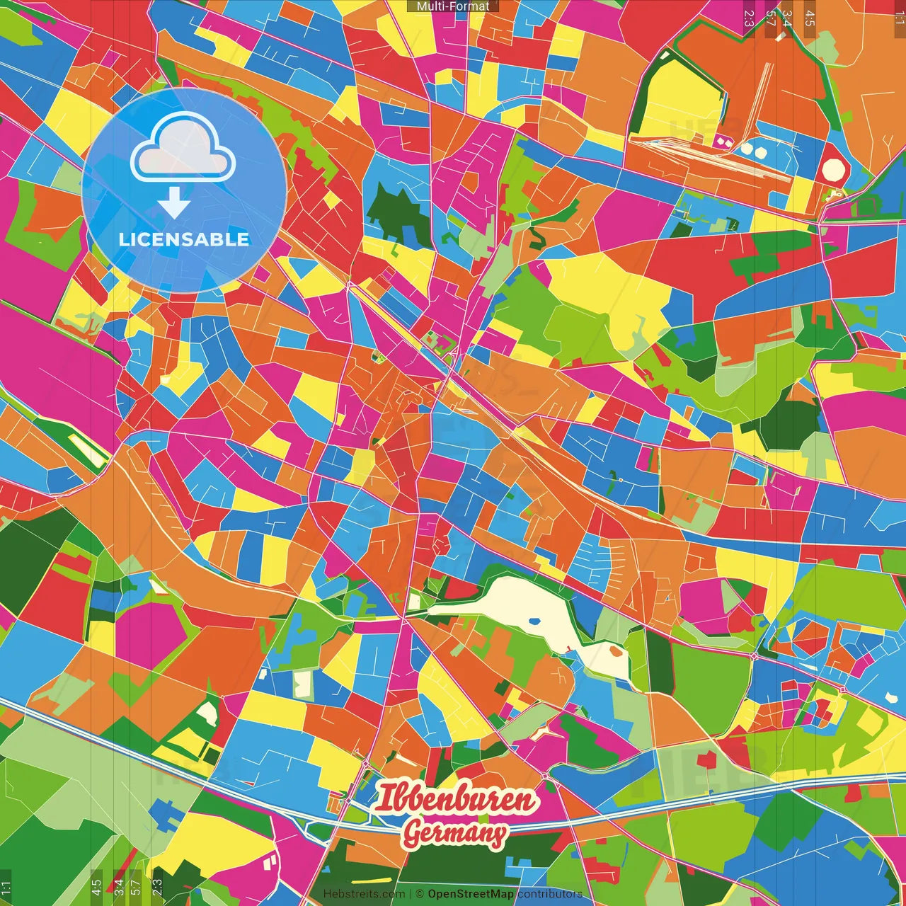 Ibbenburen, North Rhine-Westphalia, Germany Crazy Colorful Street Map Poster Template