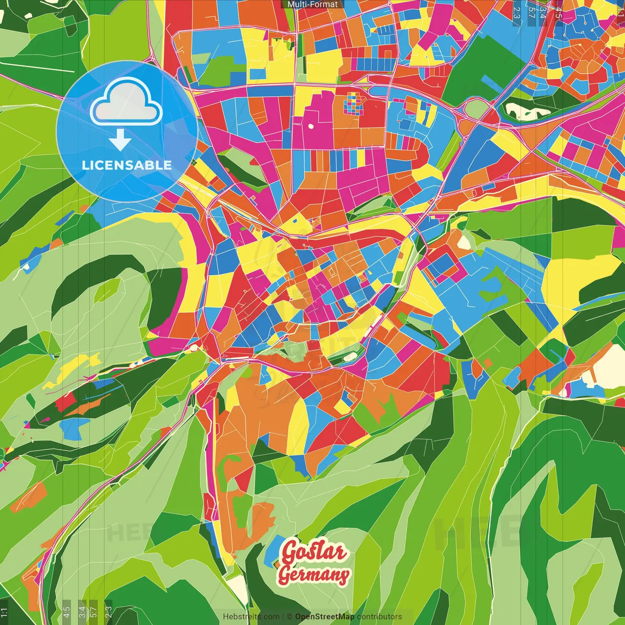 Goslar, Lower Saxony, Germany Crazy Colorful Street Map Poster Template