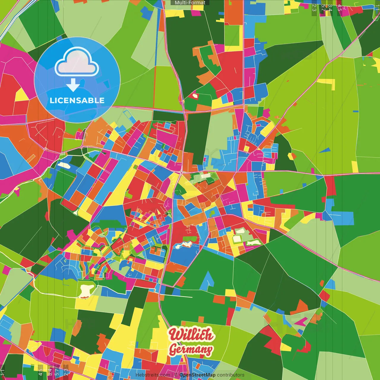 Willich, North Rhine-Westphalia, Germany Crazy Colorful Street Map Poster Template