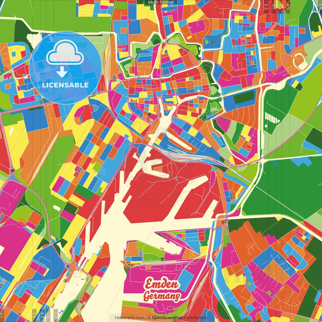 Emden, Lower Saxony, Germany Crazy Colorful Street Map Poster Template