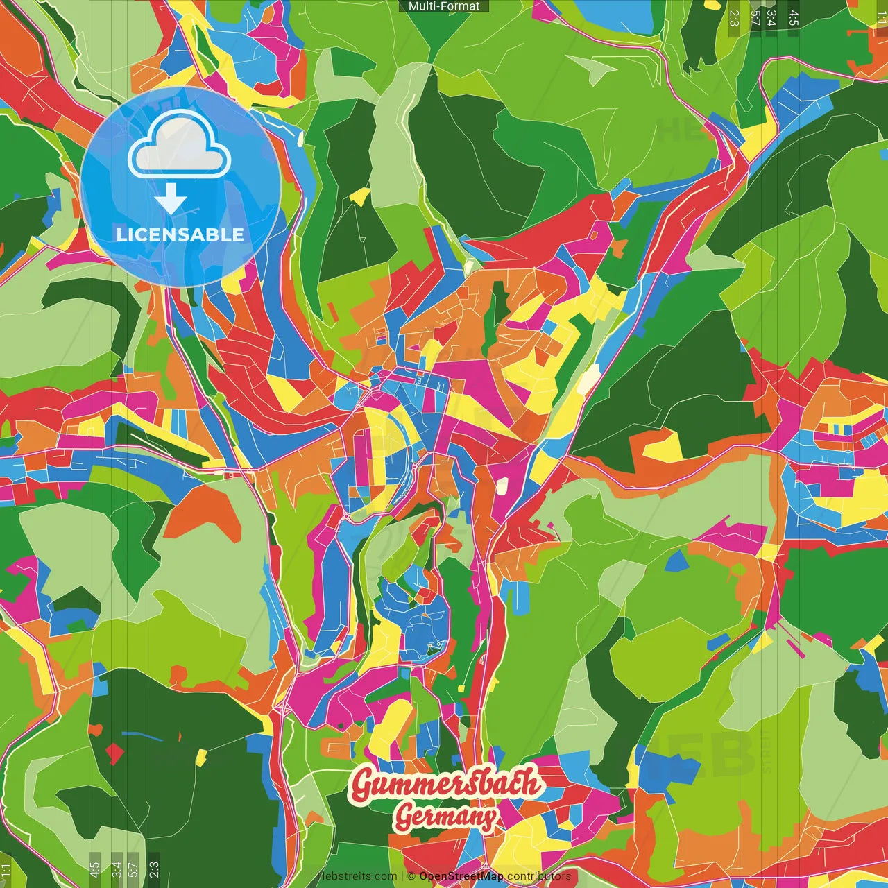 Gummersbach, North Rhine-Westphalia, Germany Crazy Colorful Street Map Poster Template