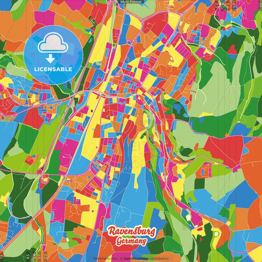 Ravensburg, Baden-Wuerttemberg, Germany Crazy Colorful Street Map Poster Template