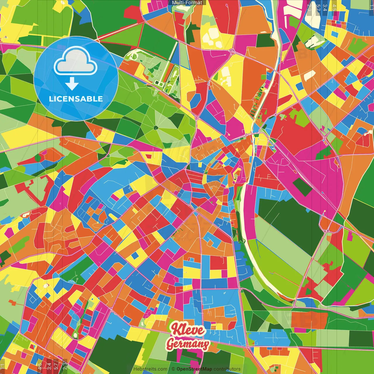 Kleve, North Rhine-Westphalia, Germany Crazy Colorful Street Map Poster Template