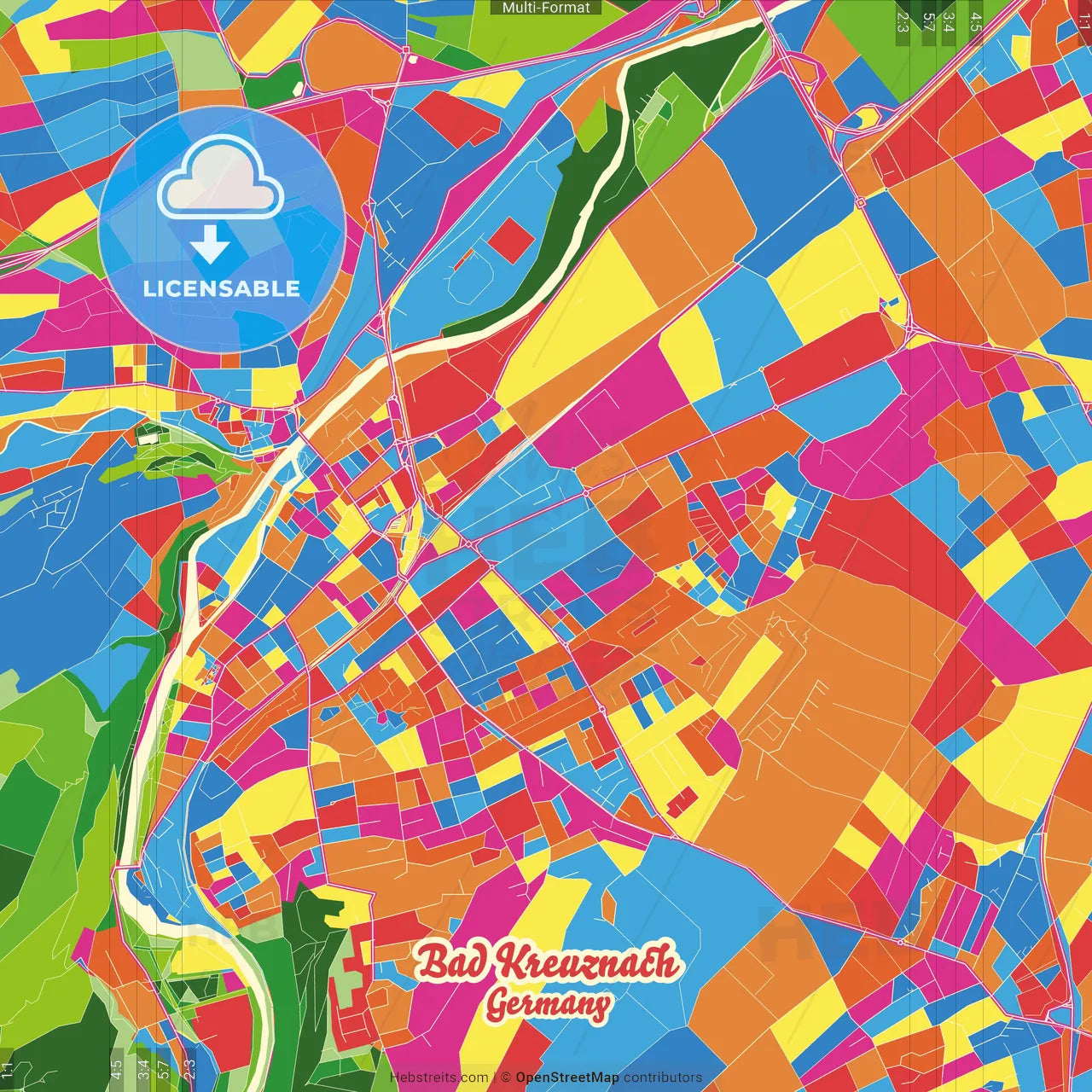 Bad Kreuznach, Rheinland-Pfalz, Germany Crazy Colorful Street Map Poster Template