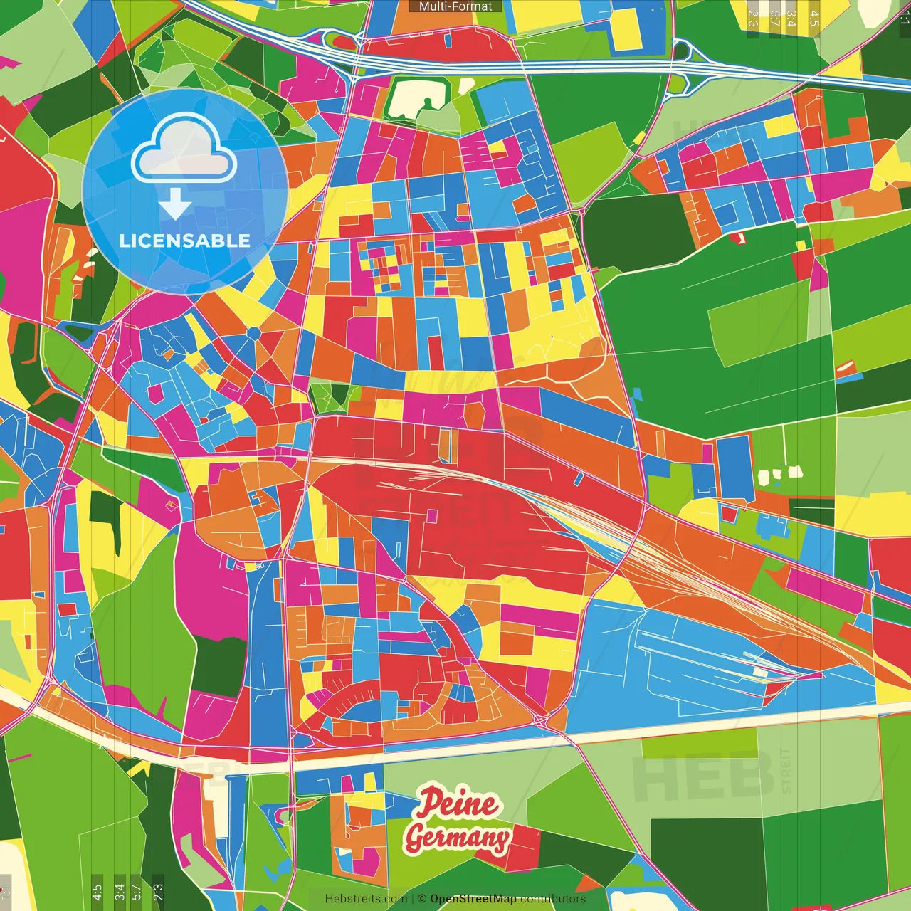 Peine, Lower Saxony, Germany Crazy Colorful Street Map Poster Template