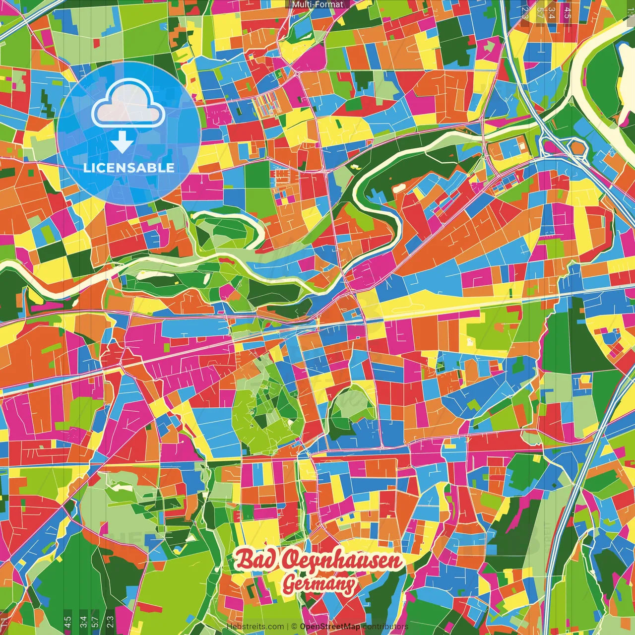 Bad Oeynhausen, North Rhine-Westphalia, Germany Crazy Colorful Street Map Poster Template