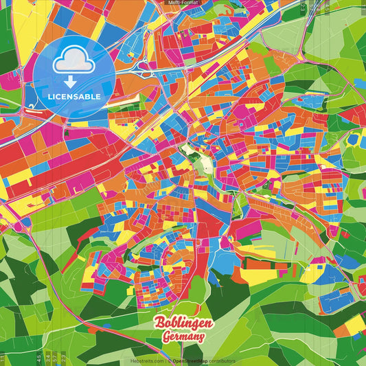 Boblingen, Baden-Wuerttemberg, Germany Crazy Colorful Street Map Poster Template