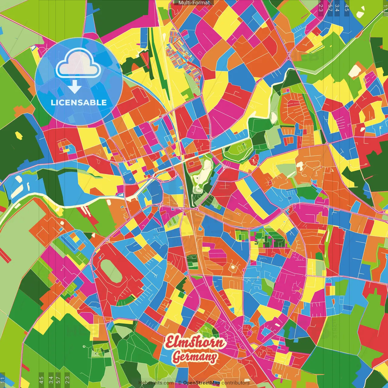 Elmshorn, Schleswig-Holstein, Germany Crazy Colorful Street Map Poster Template