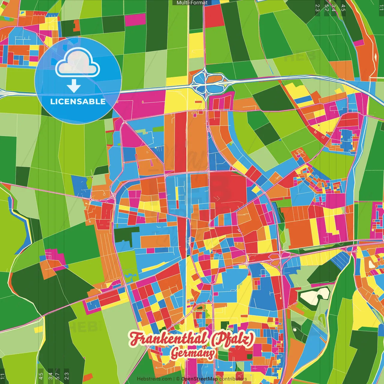 Frankenthal (Pfalz), Rheinland-Pfalz, Germany Crazy Colorful Street Map Poster Template