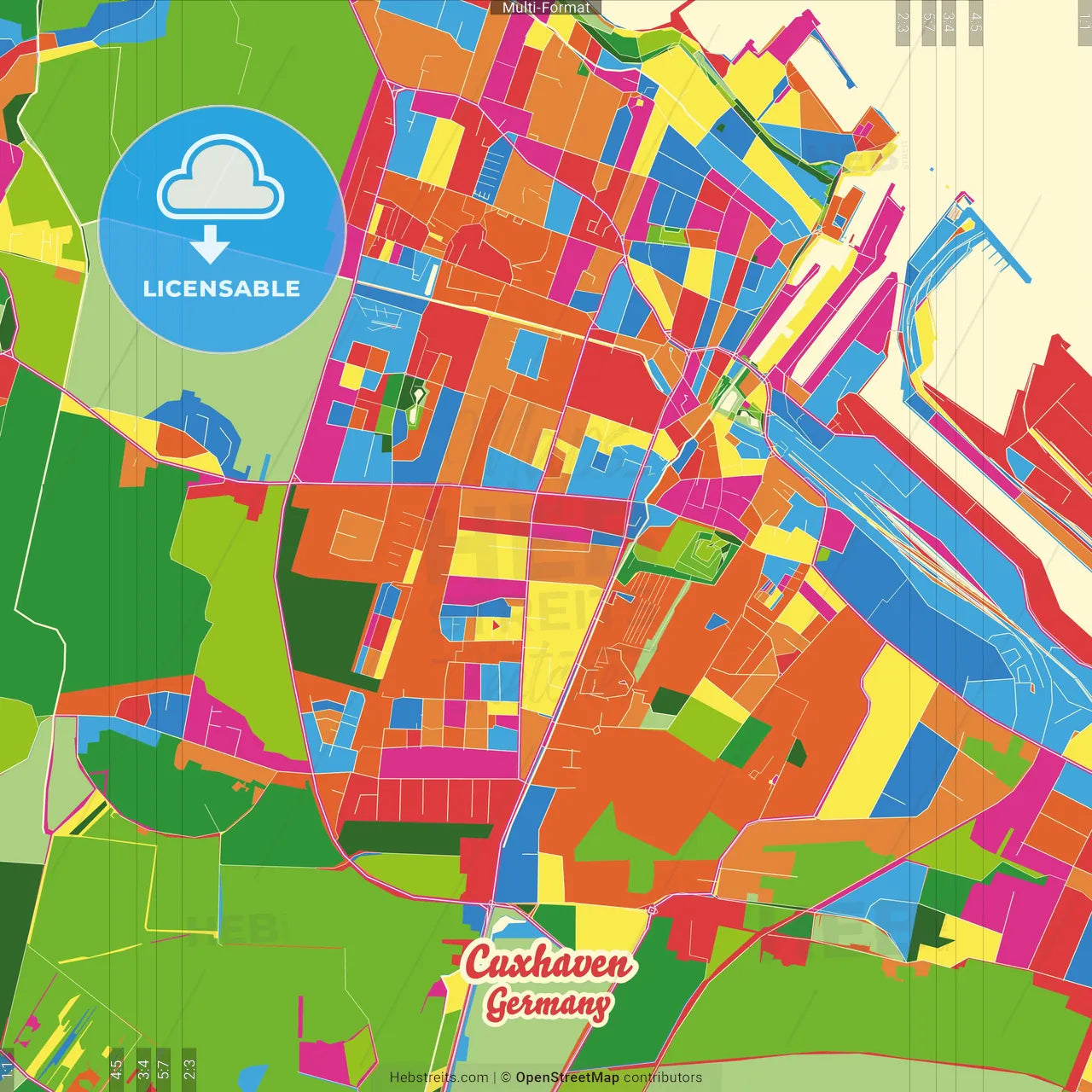 Cuxhaven, Lower Saxony, Germany Crazy Colorful Street Map Poster Template