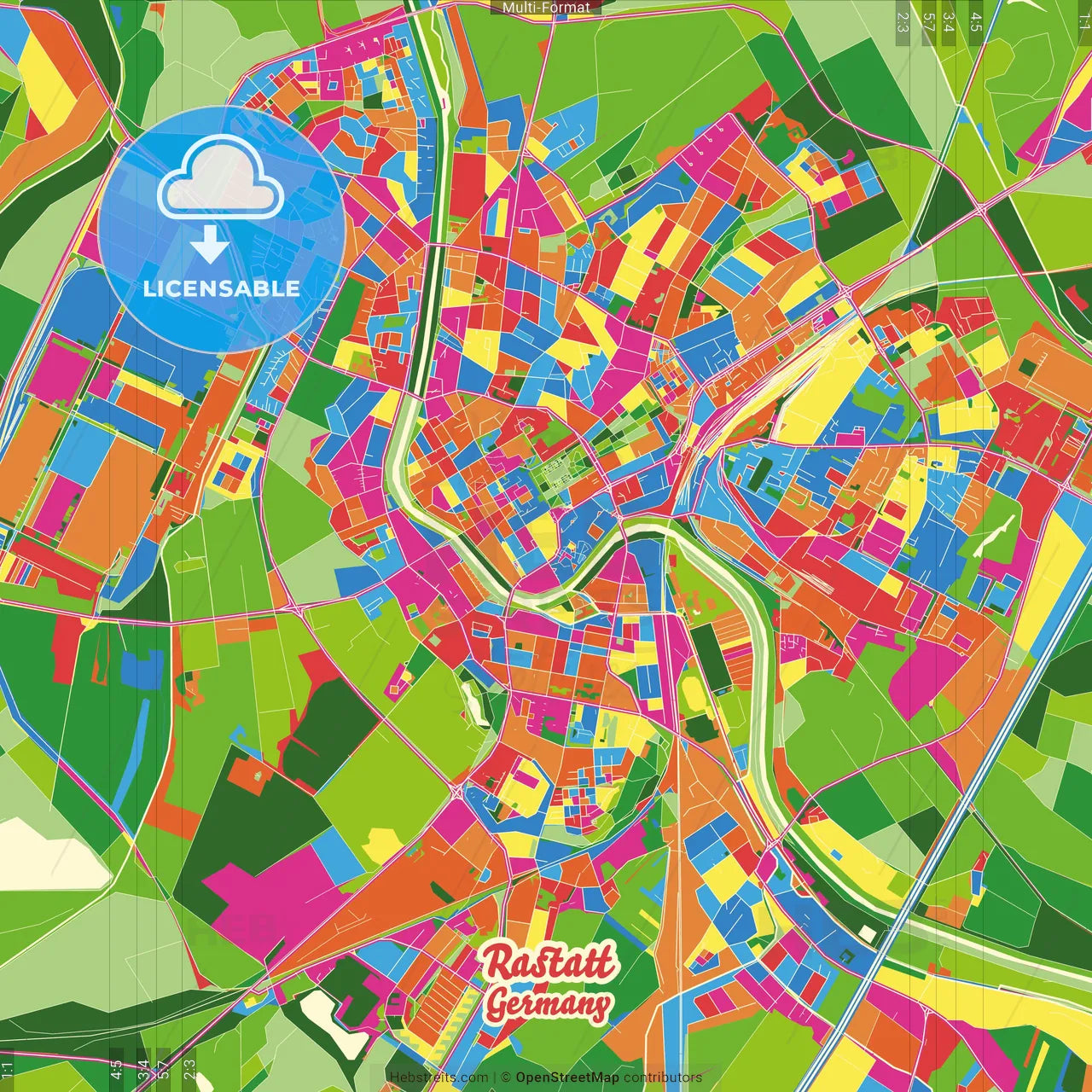 Rastatt, Baden-Wuerttemberg, Germany Crazy Colorful Street Map Poster Template
