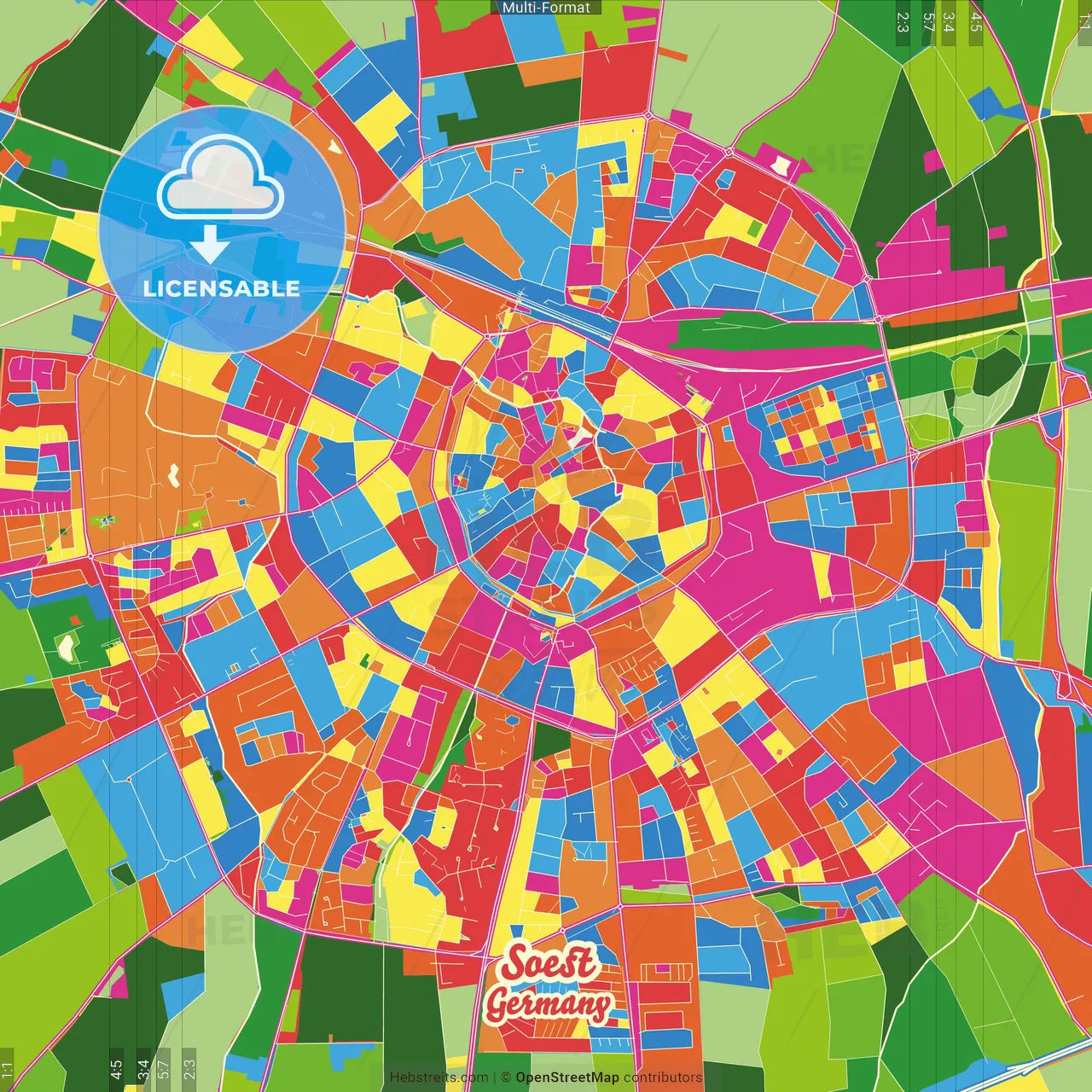 Soest, North Rhine-Westphalia, Germany Crazy Colorful Street Map Poster Template