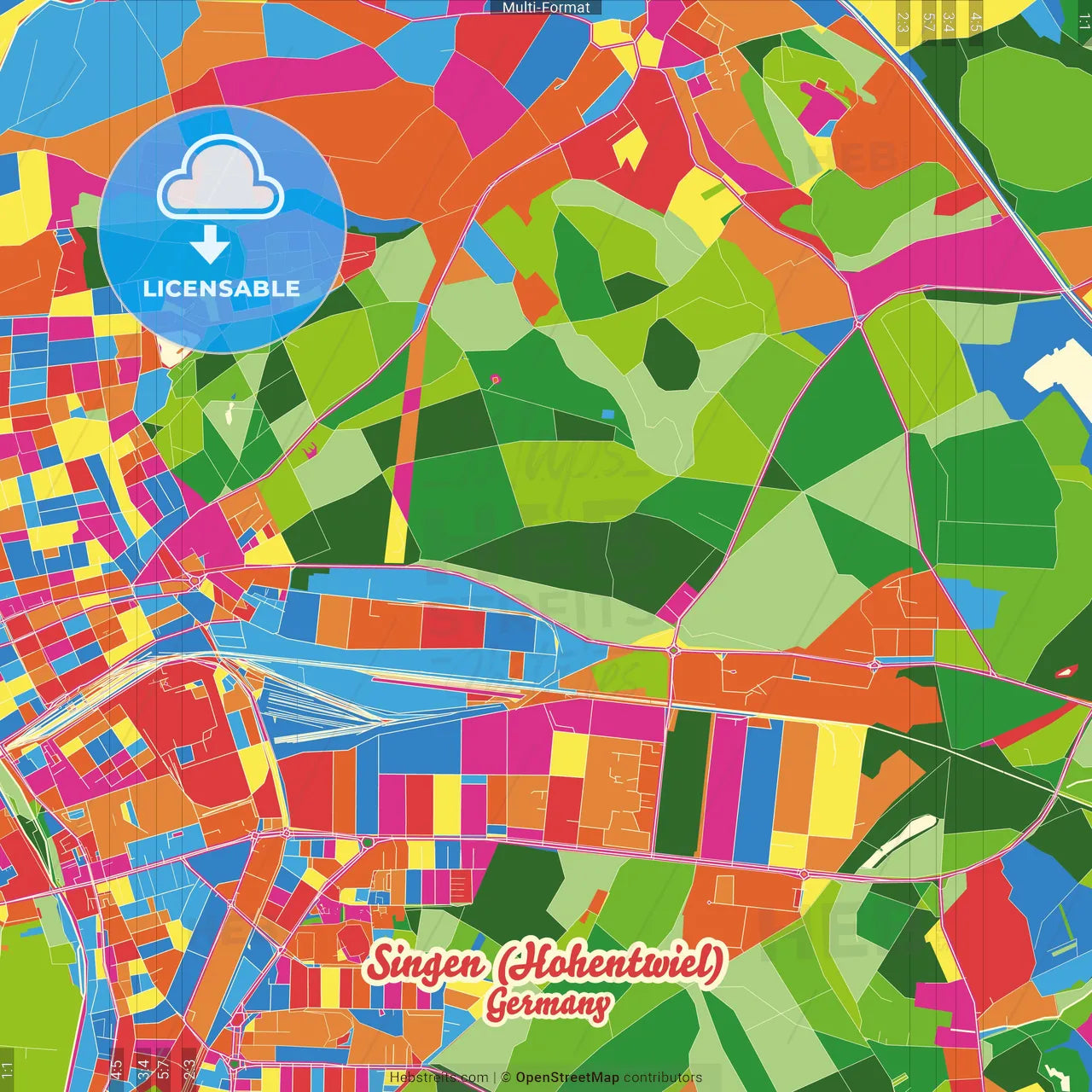 Singen (Hohentwiel), Baden-Wuerttemberg, Germany Crazy Colorful Street Map Poster Template