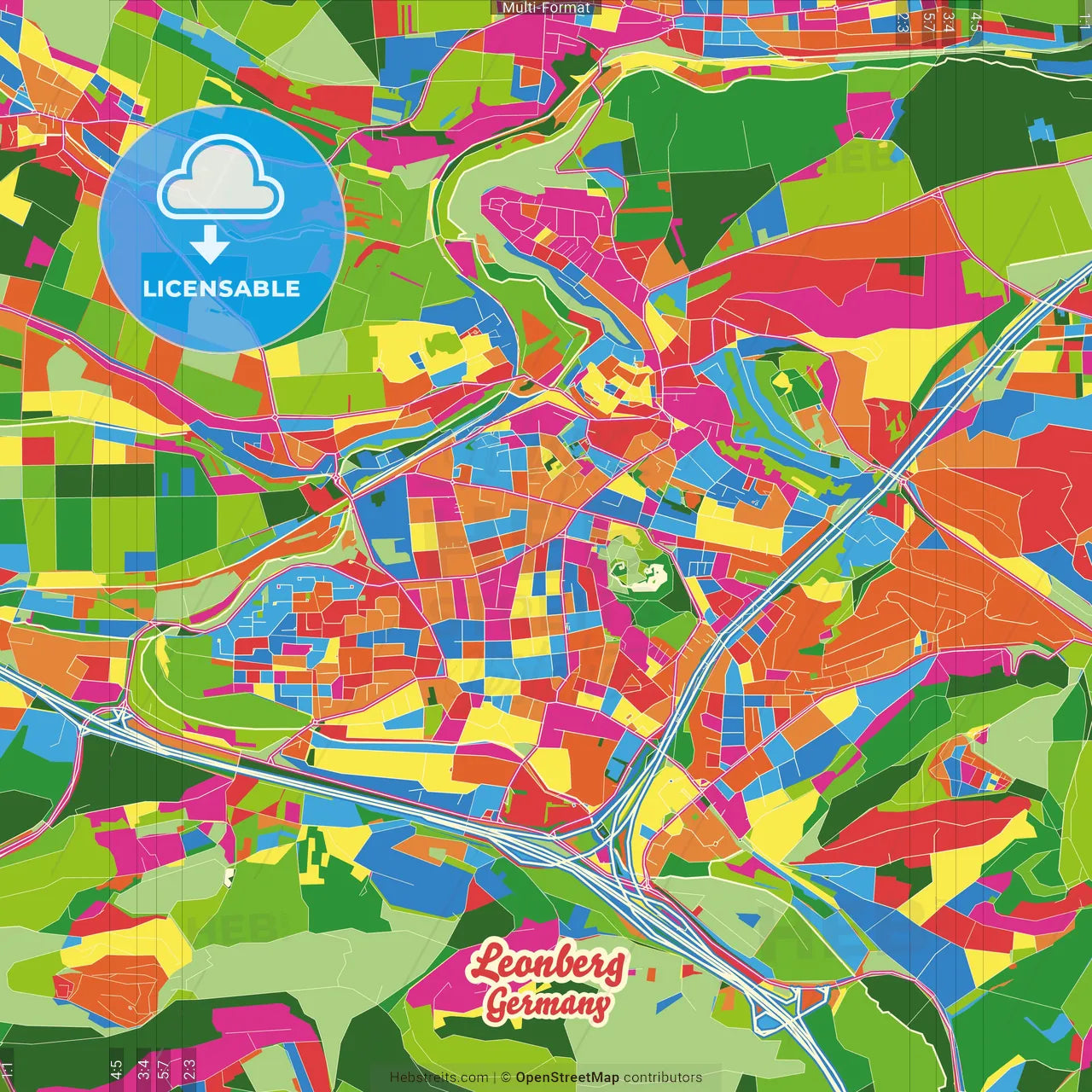 Leonberg, Baden-Wuerttemberg, Germany Crazy Colorful Street Map Poster Template