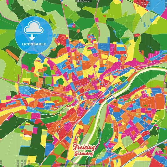 Freising, Bavaria, Germany Crazy Colorful Street Map Poster Template