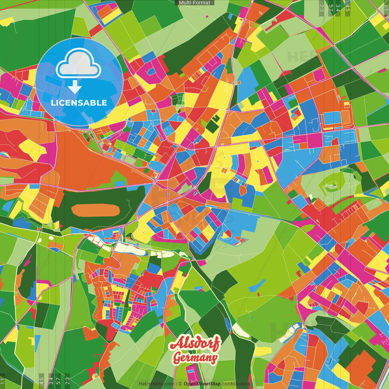 Alsdorf, North Rhine-Westphalia, Germany Crazy Colorful Street Map Poster Template