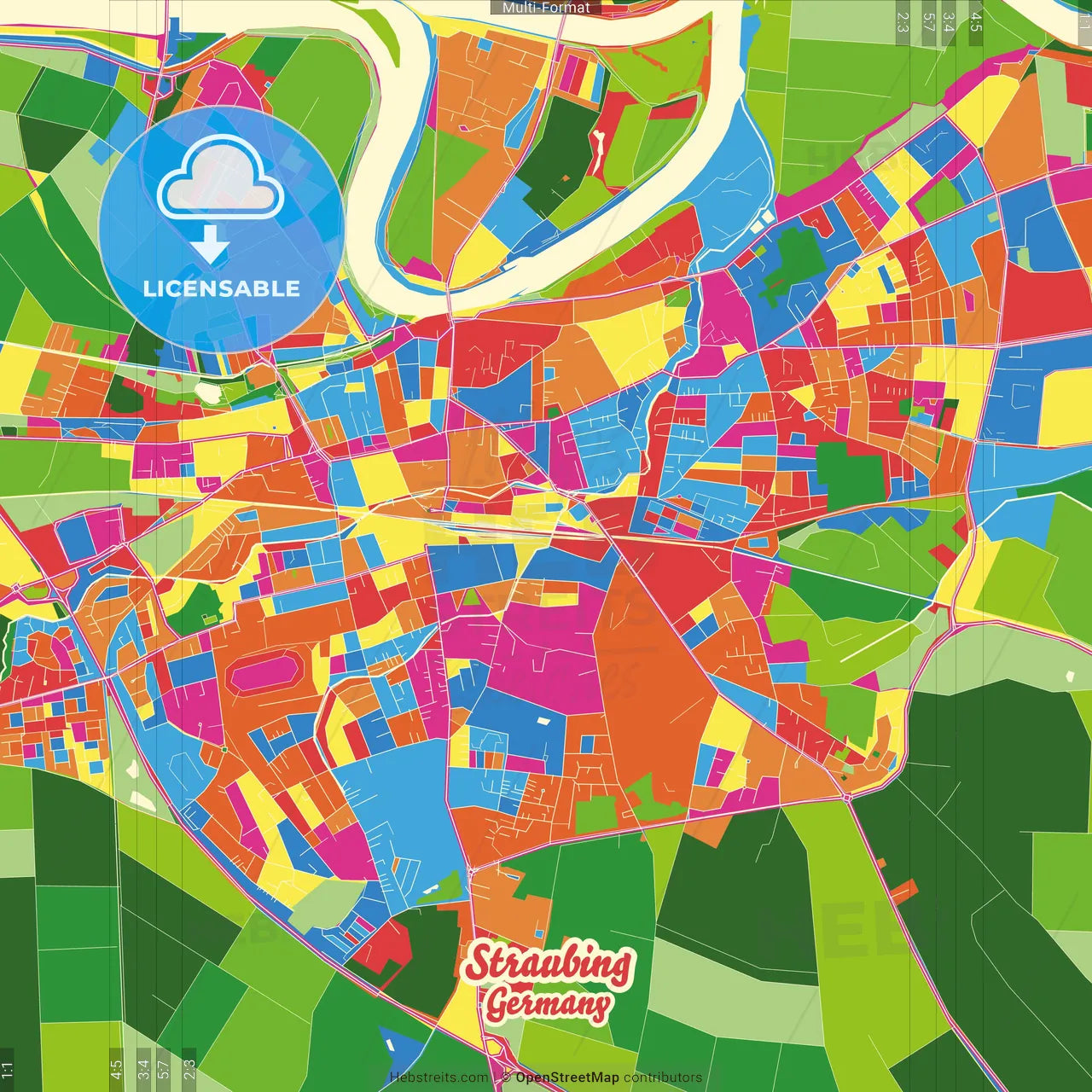 Straubing, Bavaria, Germany Crazy Colorful Street Map Poster Template