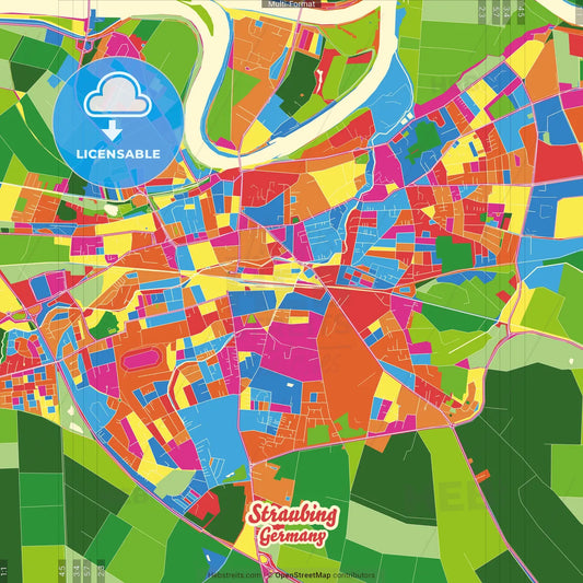 Straubing, Bavaria, Germany Crazy Colorful Street Map Poster Template