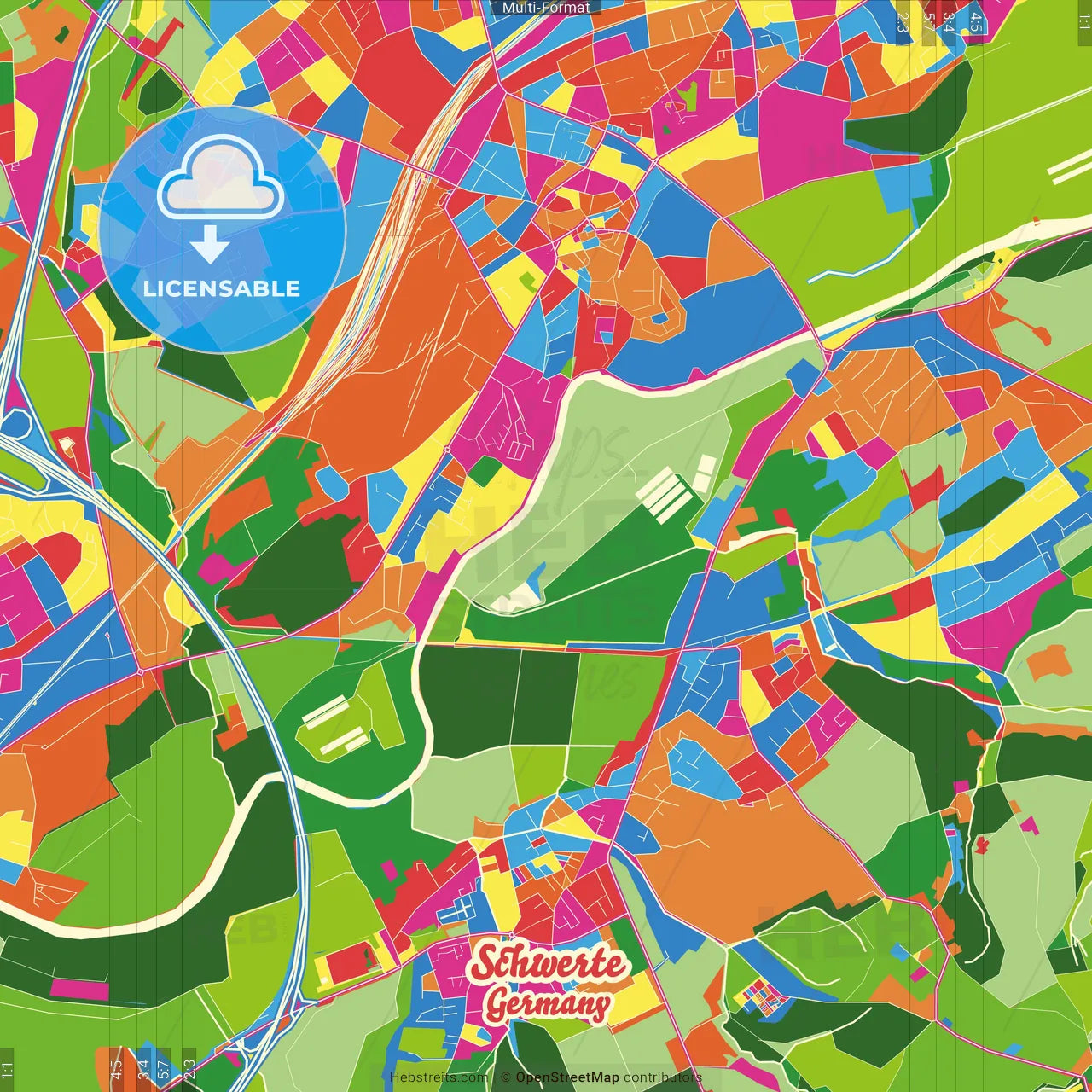 Schwerte, North Rhine-Westphalia, Germany Crazy Colorful Street Map Poster Template