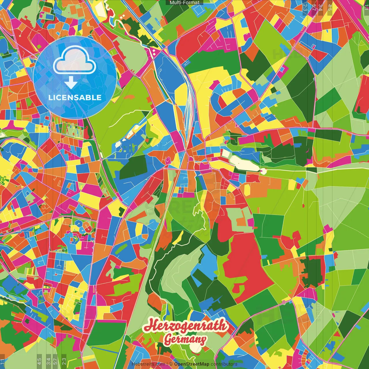 Herzogenrath, North Rhine-Westphalia, Germany Crazy Colorful Street Map Poster Template