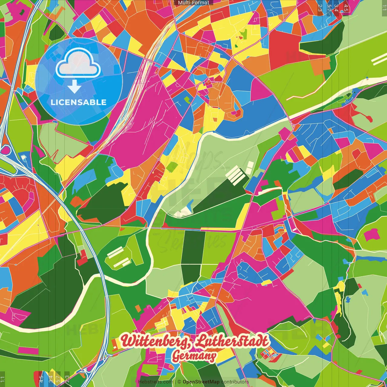 Wittenberg, Lutherstadt, Saxony-Anhalt, Germany Crazy Colorful Street Map Poster Template