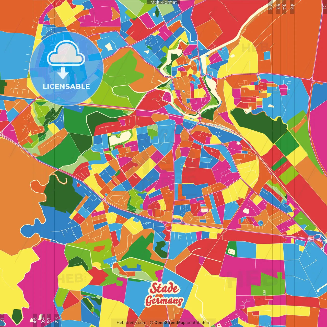 Stade, Lower Saxony, Germany Crazy Colorful Street Map Poster Template