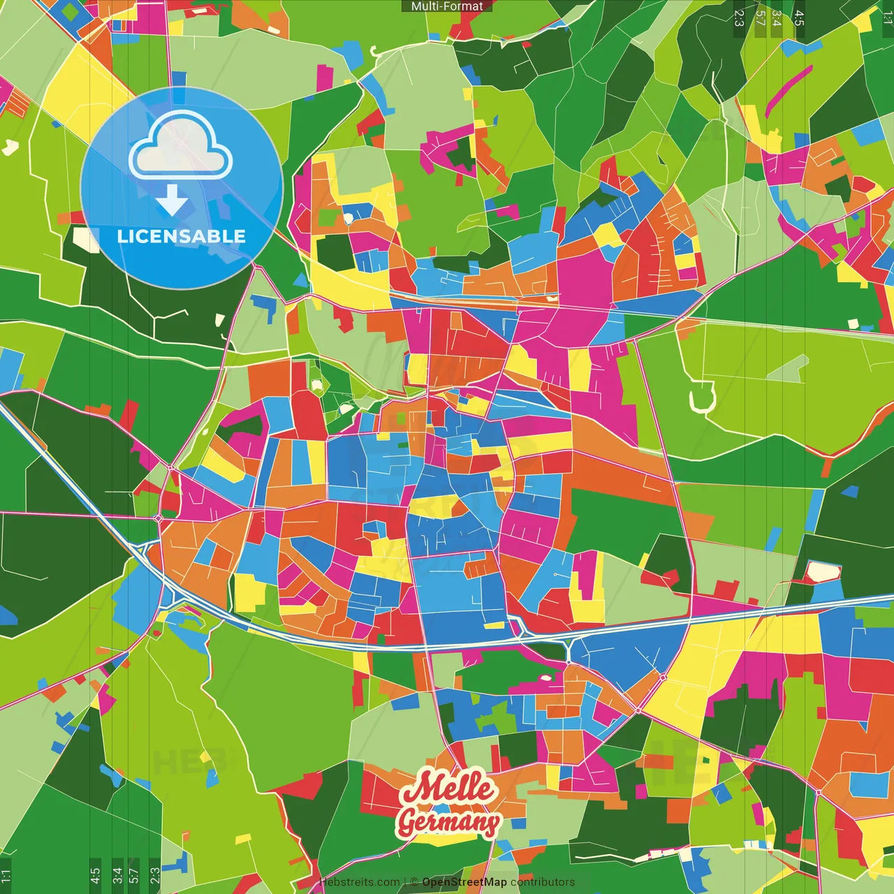 Melle, Lower Saxony, Germany Crazy Colorful Street Map Poster Template