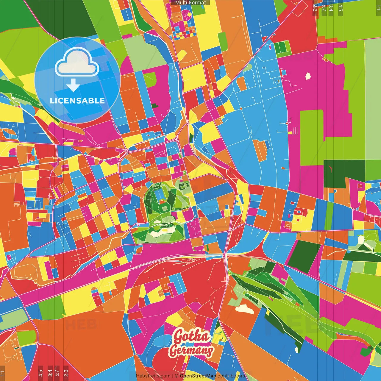 Gotha, Thuringia, Germany Crazy Colorful Street Map Poster Template