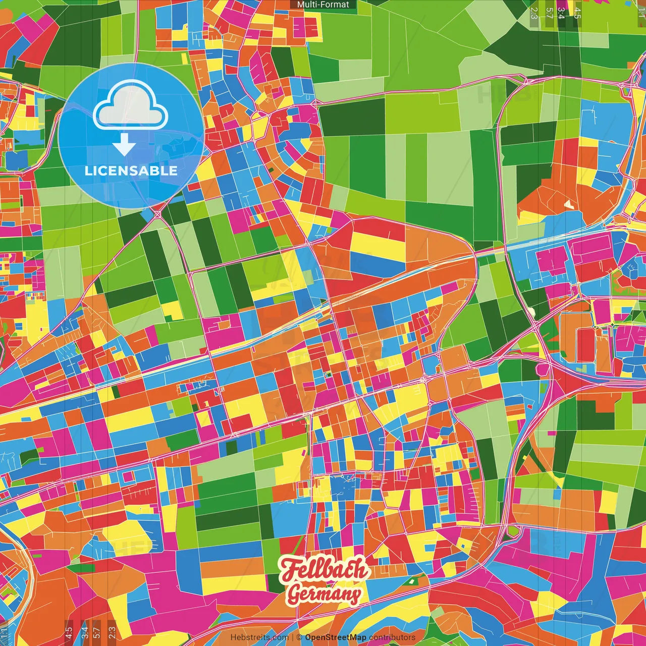 Fellbach, Baden-Wuerttemberg, Germany Crazy Colorful Street Map Poster Template