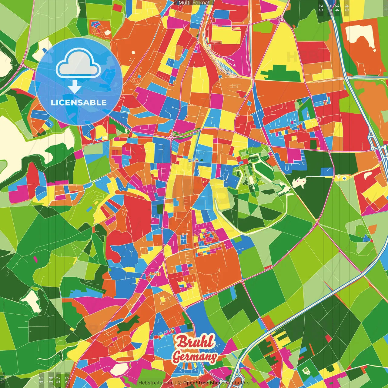 Bruhl, North Rhine-Westphalia, Germany Crazy Colorful Street Map Poster Template