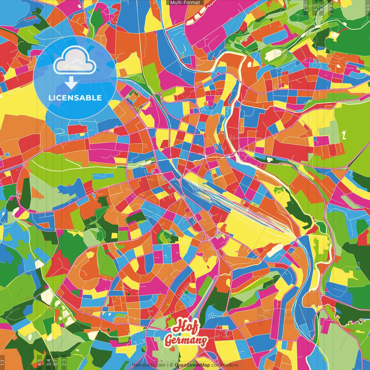 Hof, Bavaria, Germany Crazy Colorful Street Map Poster Template