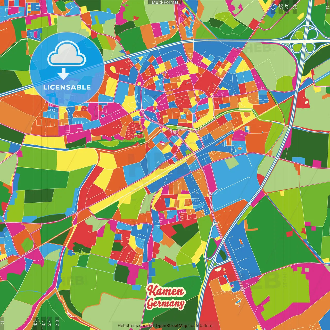 Kamen, North Rhine-Westphalia, Germany Crazy Colorful Street Map Poster Template