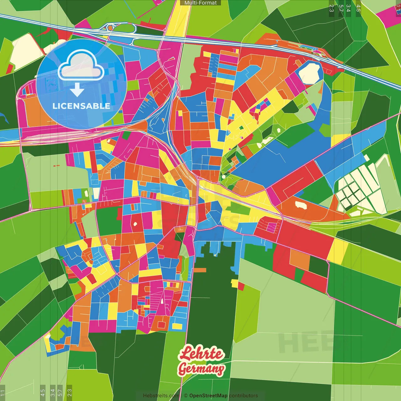 Lehrte, Lower Saxony, Germany Crazy Colorful Street Map Poster Template