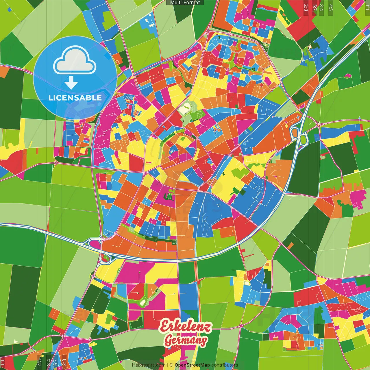 Erkelenz, North Rhine-Westphalia, Germany Crazy Colorful Street Map Poster Template